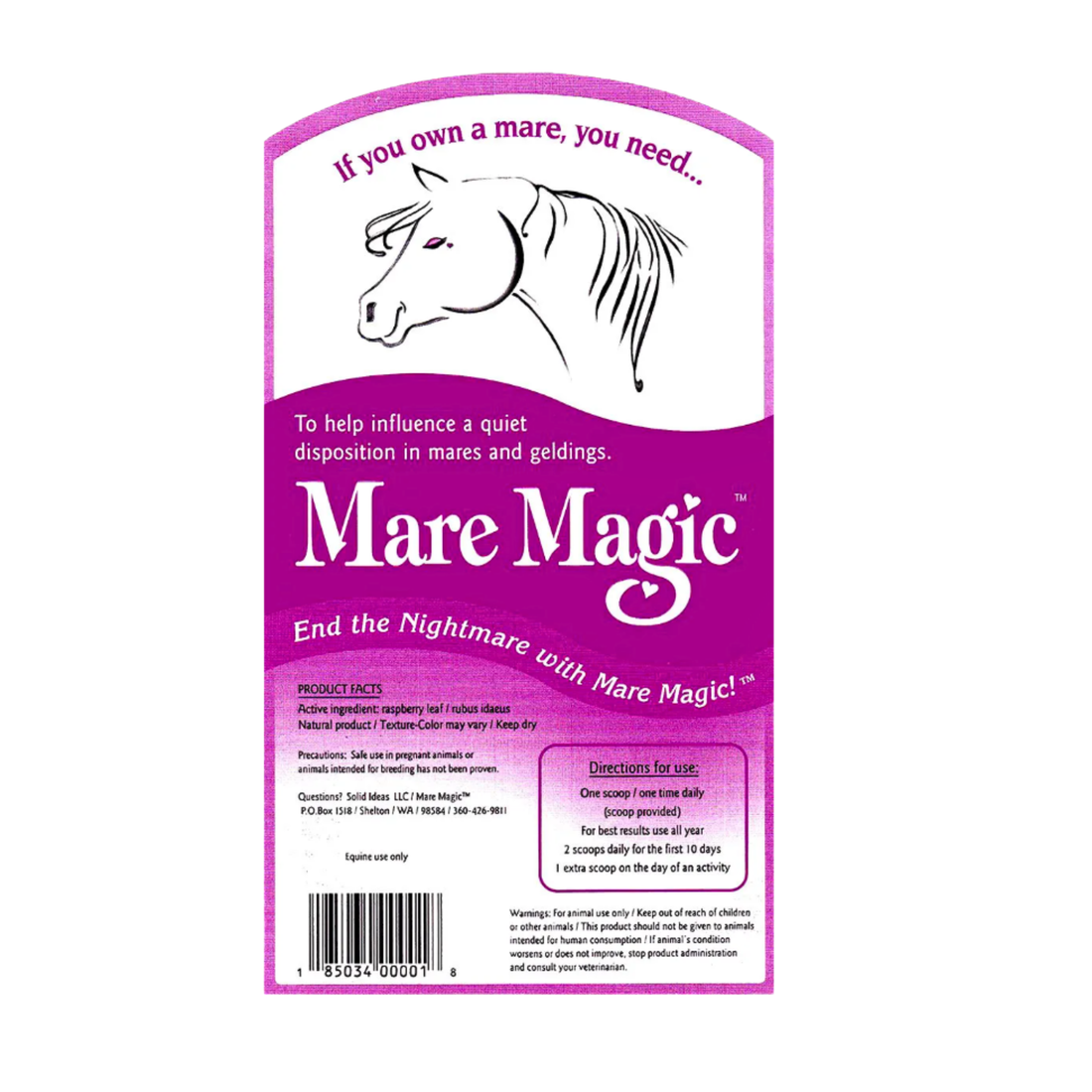 Mare Magic horse supplement packaging card on a plain white background, featuring a pink and purple design with a line drawing of a horse and product details.