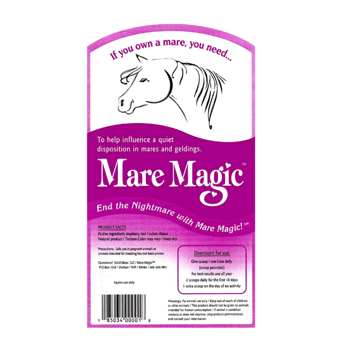 Mare Magic horse supplement packaging card on a plain white background, featuring a pink and purple design with a line drawing of a horse and product details.