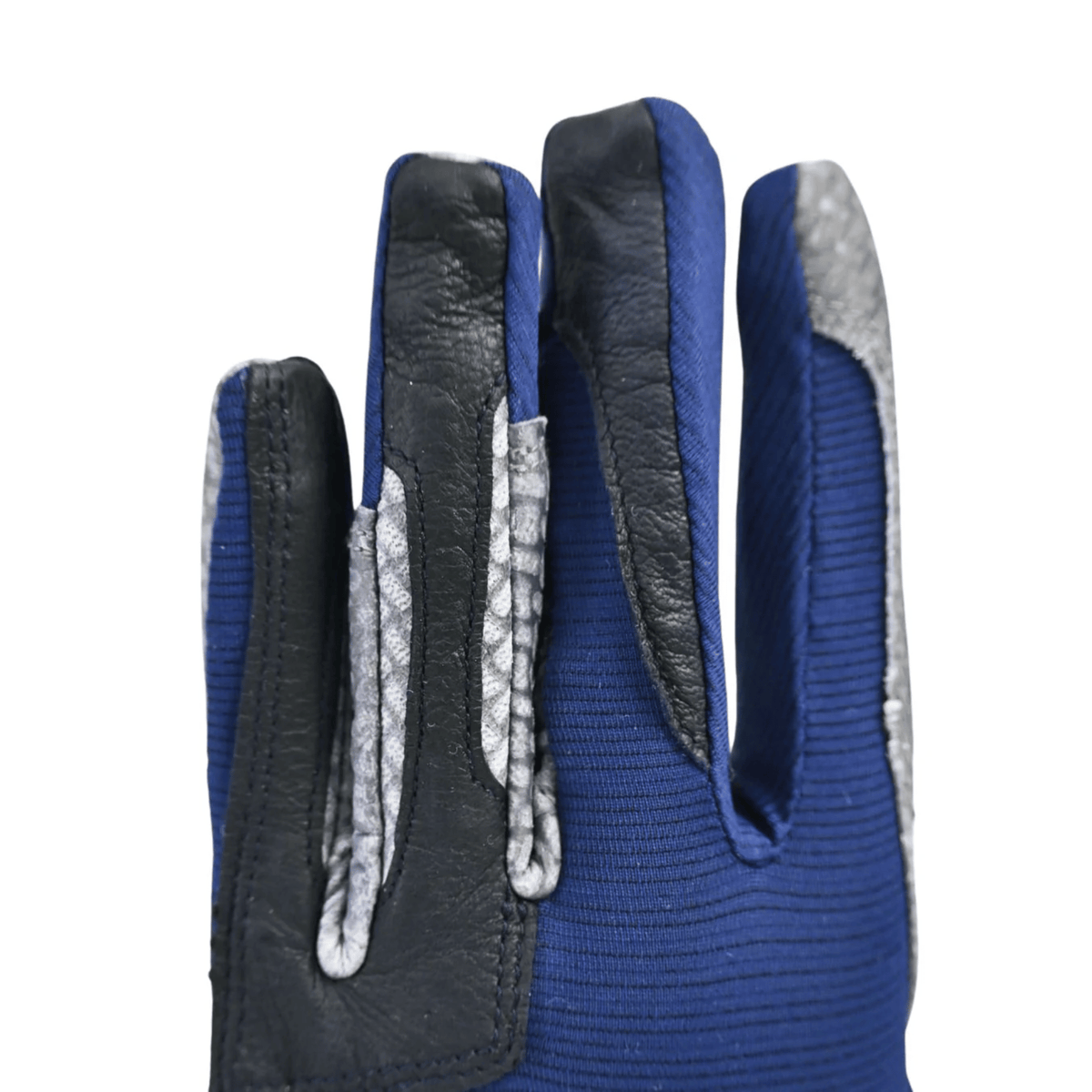 Pair of blue and black gloves with textured palm on a white background