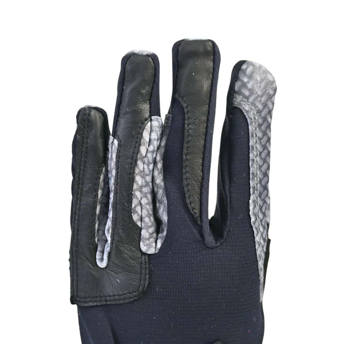 Black glove with gray textured palm on a white background