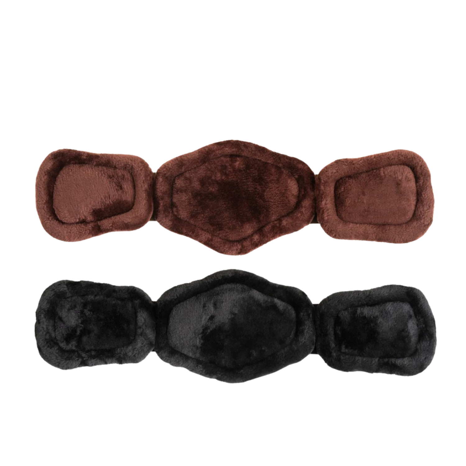 Two brown and black fleece horse short girths on a white background