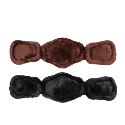 Two brown and black fleece horse short girths on a white background