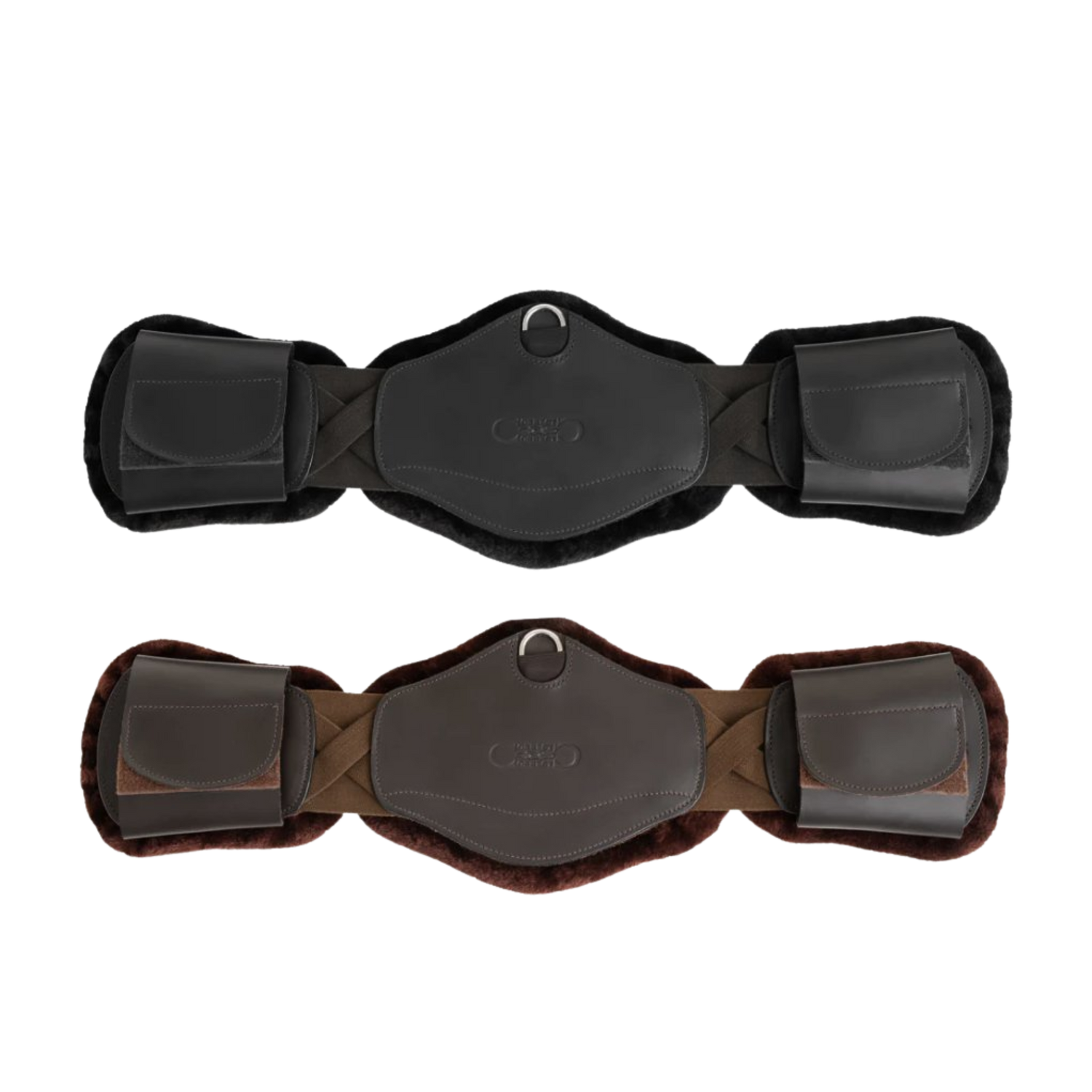 Two horse short girths, one black and one brown with black padding, on a white background.