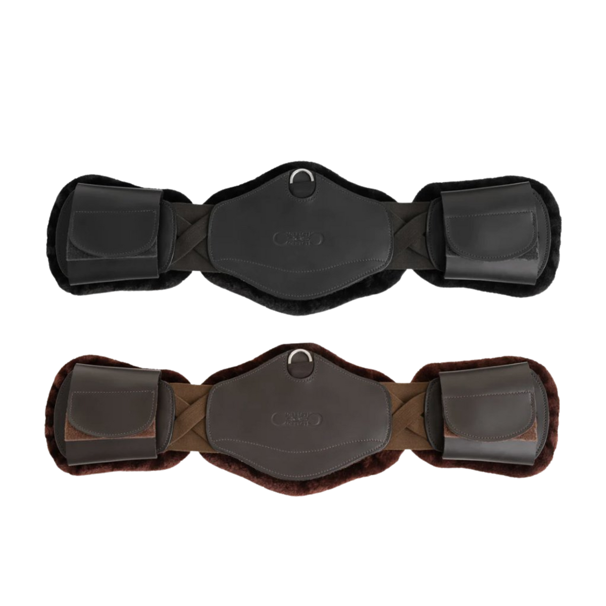Two horse short girths, one black and one brown with black padding, on a white background.