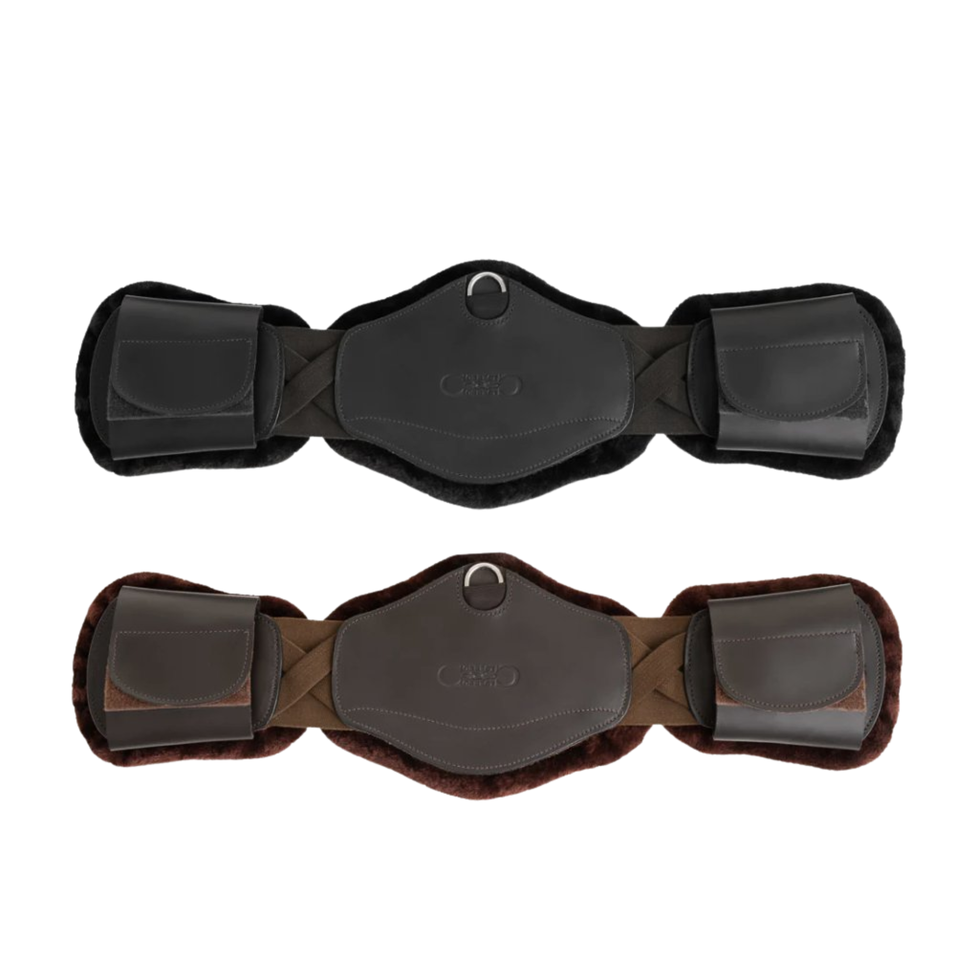 Two horse short girths, one black and one brown with black padding, on a white background.