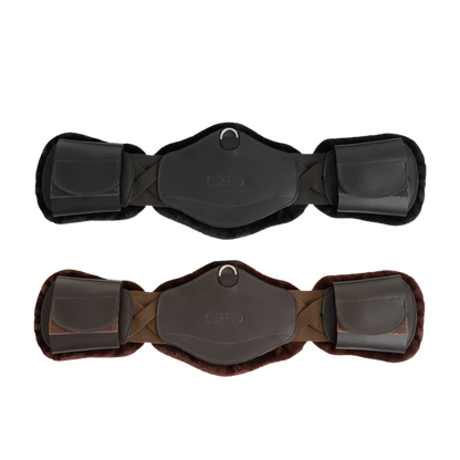 Two horse short girths, one black and one brown with black padding, on a white background.