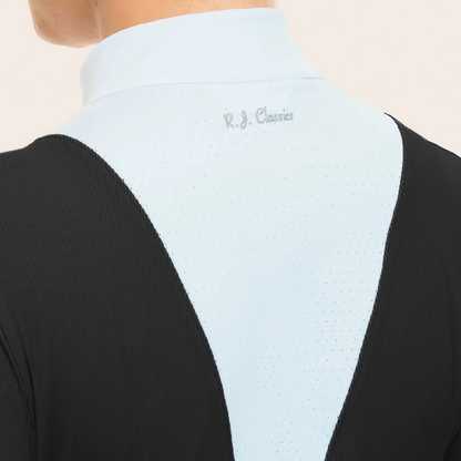 Close-up back view of a person wearing a black and white R.J. Classics Celia Show Shirt with a subtle perforated texture and the embossed brand name &