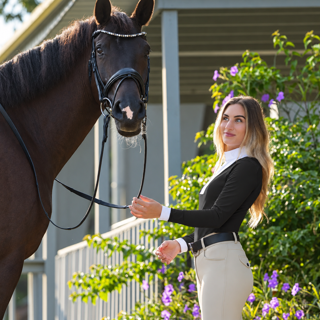 A woman in equestrian attire stands beside a dark brown horse outdoors, holding the horse&