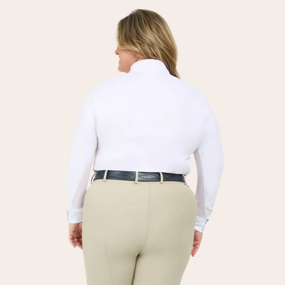 A woman wearing the RJ Classics Sofia Plus Show Shirt in White. Featuring a 1/4 zip with two button collar closure.