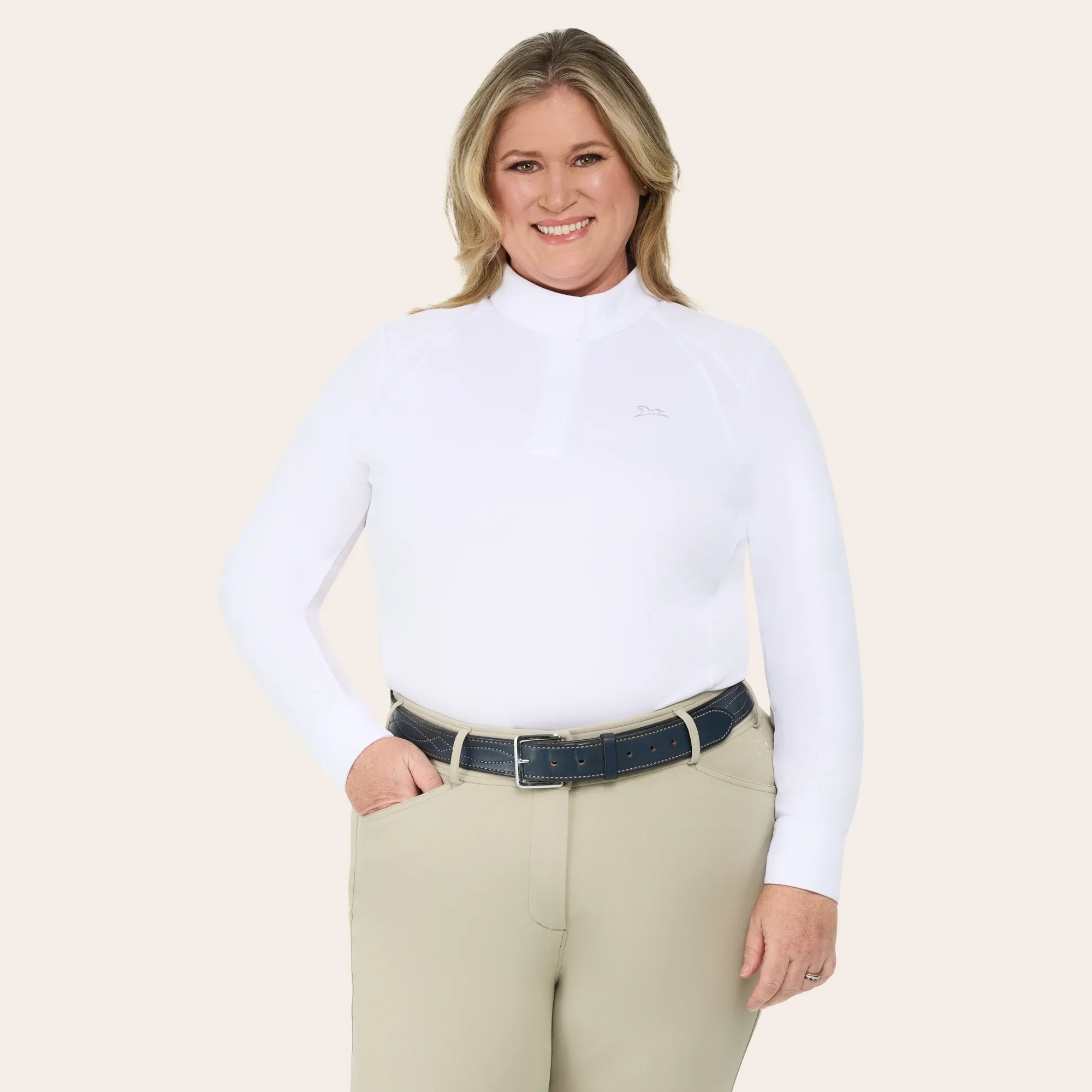 A woman wearing the RJ Classics Sofia Plus Show Shirt in White. Featuring a 1/4 zip with two button collar closure.