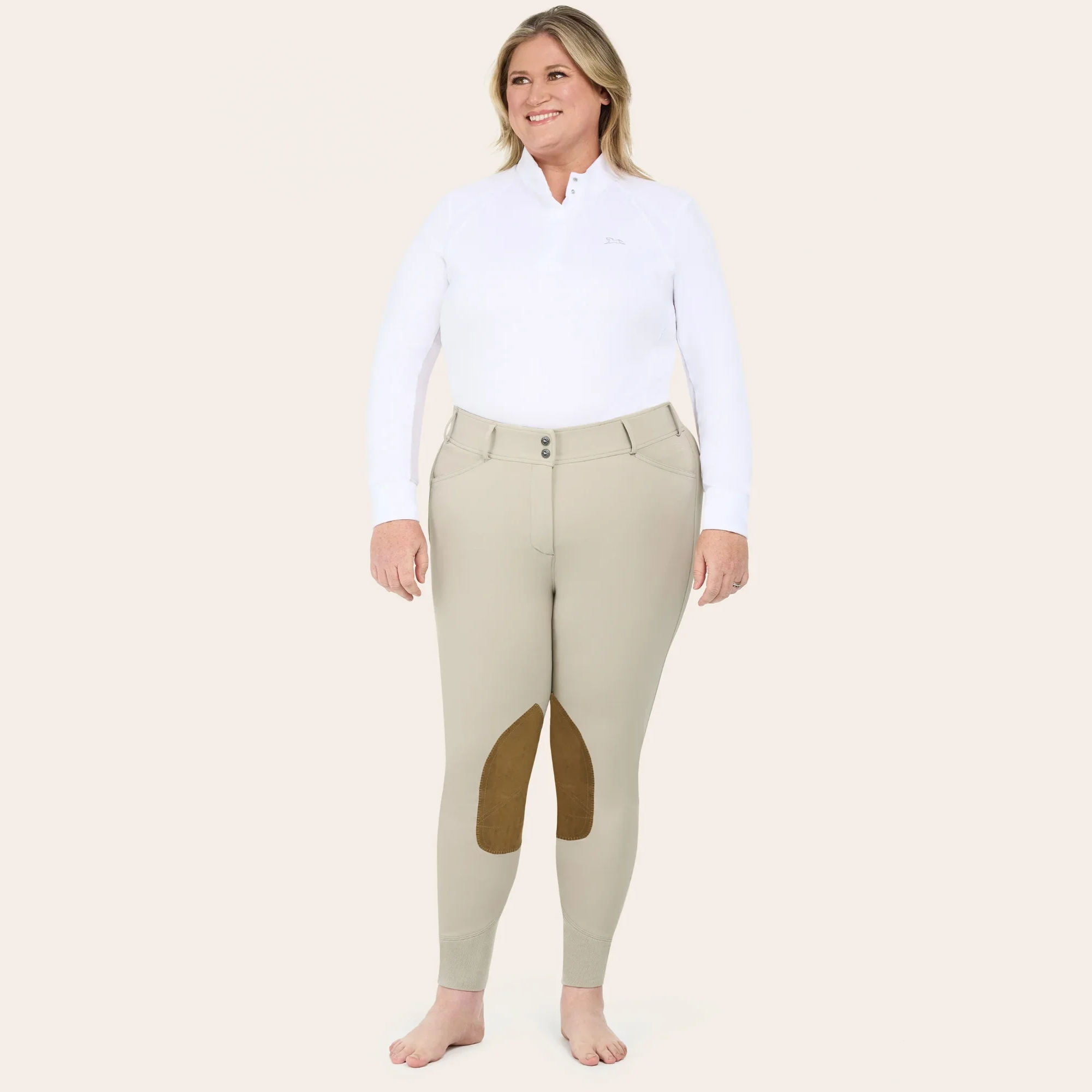 A model wearing the RJ Classics Gracie Plus Breech in Sand color.