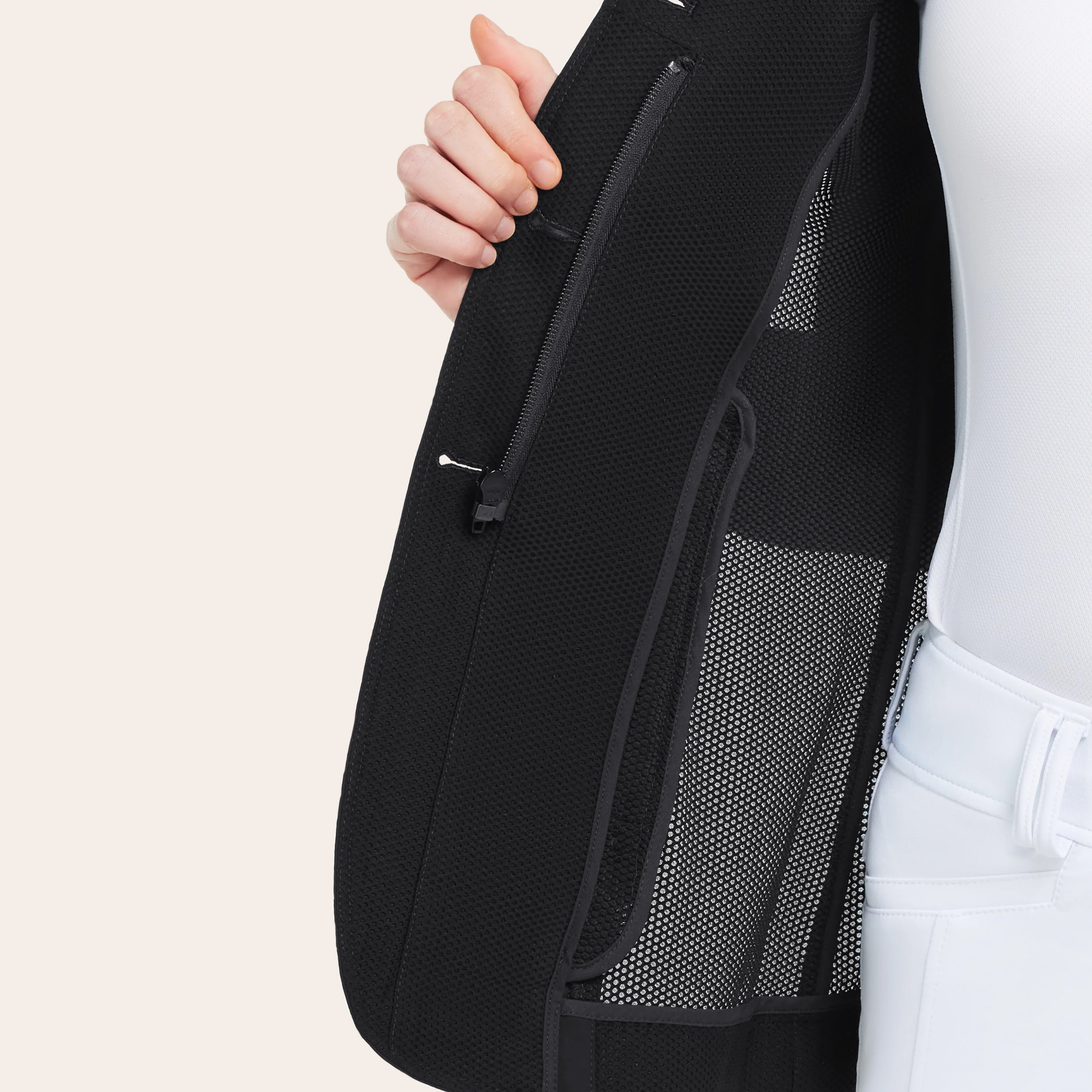 A plus sized model wearing the RJ Classics Plus Mesh Show Coat in Black.