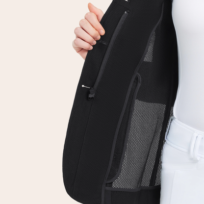 A plus sized model wearing the RJ Classics Plus Mesh Show Coat in Black.