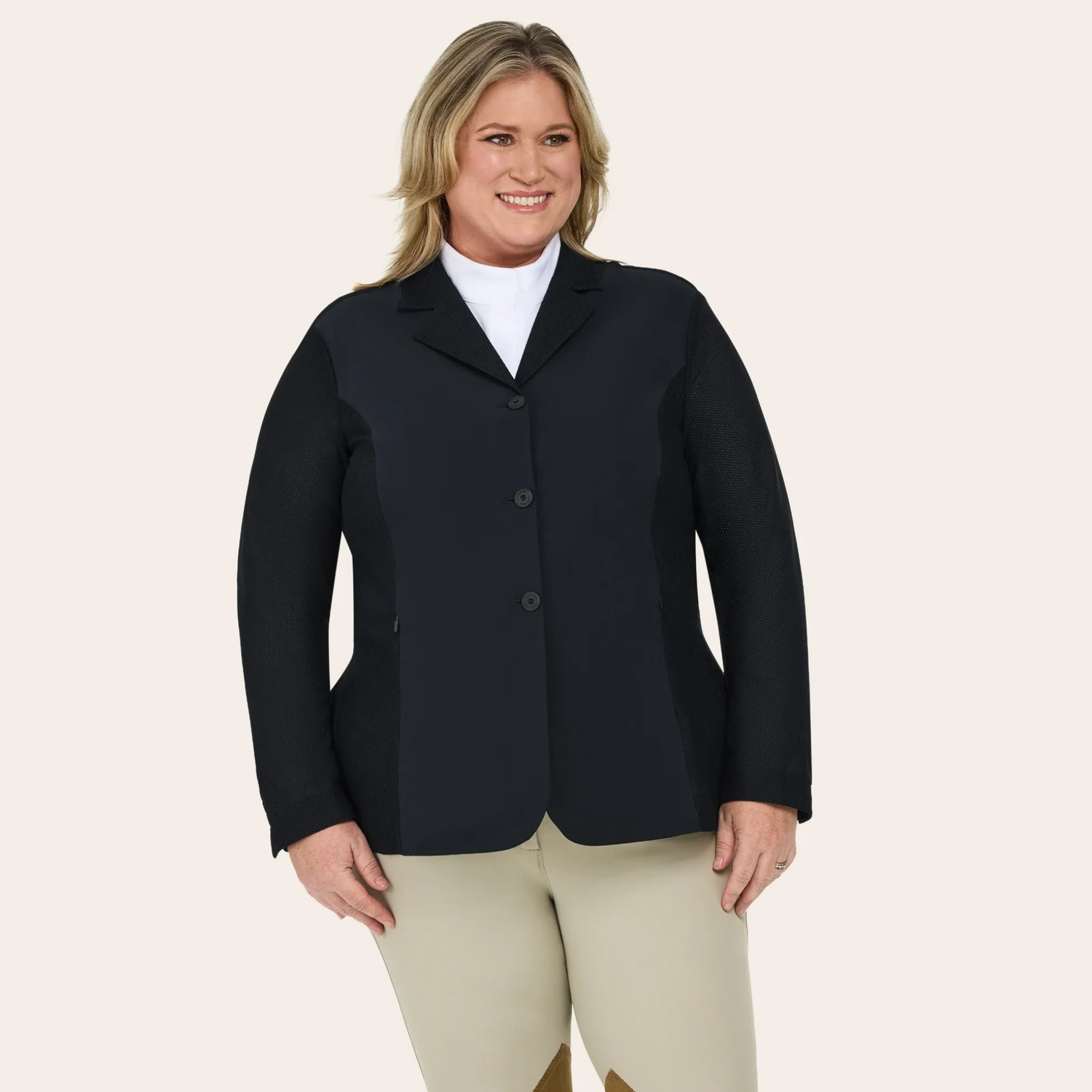 A plus sized model wearing the RJ Classics Plus Mesh Show Coat in Black.