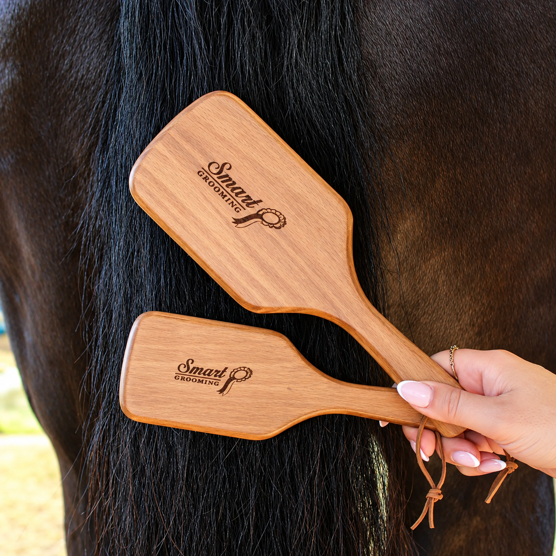 Two wooden backed Smart Grooming Mane &amp; Tail brushes with &