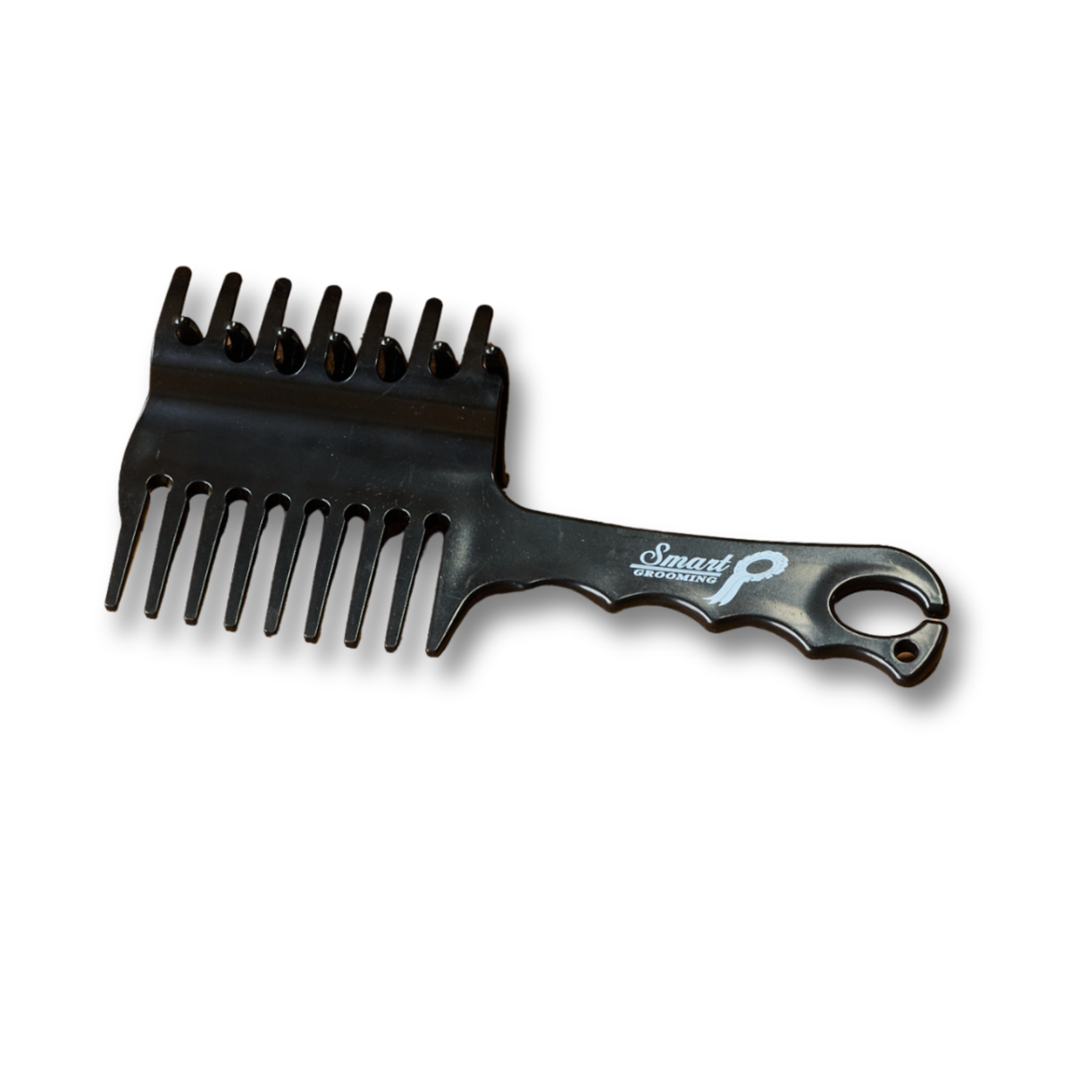 A black Smart Grooming Perfect Plaits comb with a comb &amp; clip design, a shaped handle, built-in band holder at the end, &amp; a white logo that reads &