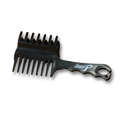 A black Smart Grooming Perfect Plaits comb with a comb &amp; clip design, a shaped handle, built-in band holder at the end, &amp; a white logo that reads &