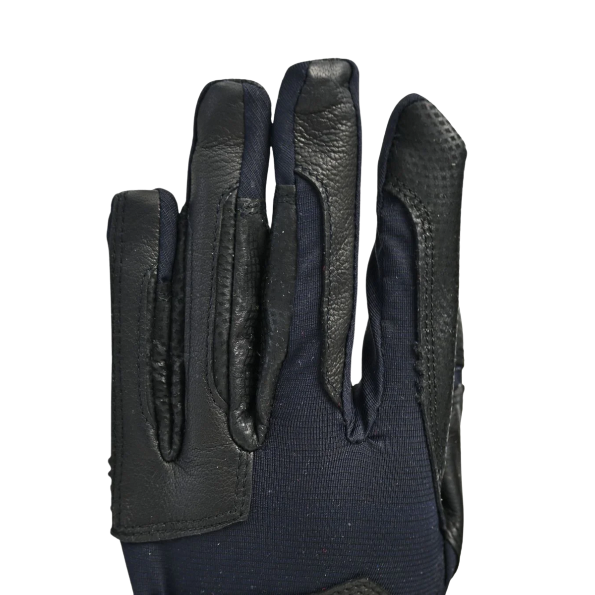 Black glove with textured palm on a white background