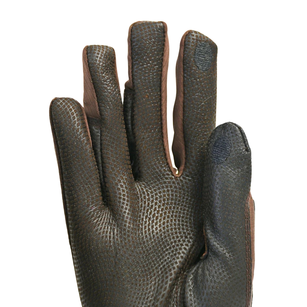 Brown leather glove with textured palm on a white background
