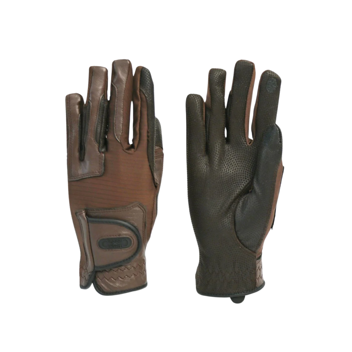 Pair of brown and black gloves on a white background