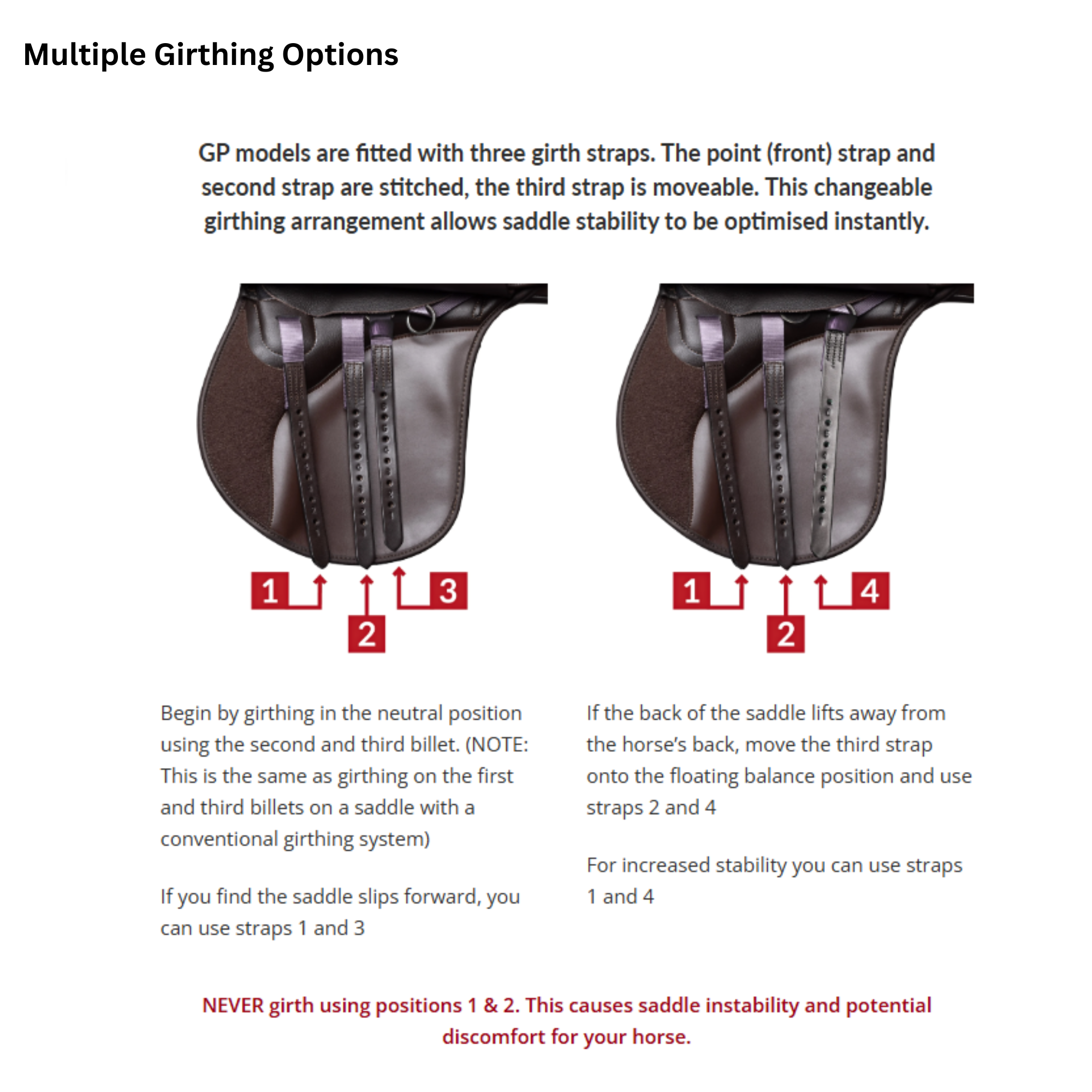 Thorowgood T9 Original High Wither General Purpose saddle girthing options  graphic. 