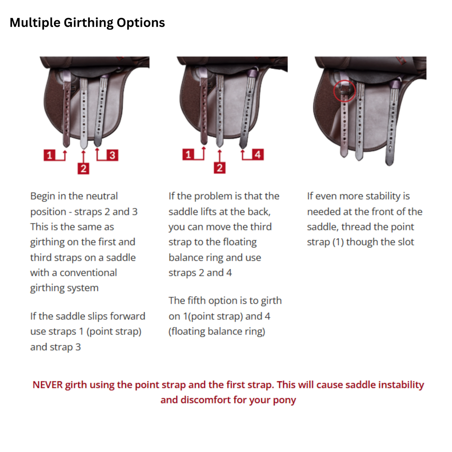 Thorowgood T9 Pony saddle girthing options  graphic. 