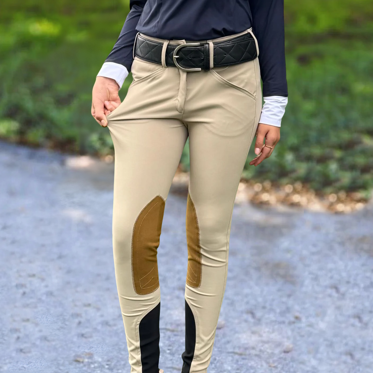 Tailored Sportsman Girls Tech Lite Boot Sock Breech, Front Zip with Clarino Patch, Tan