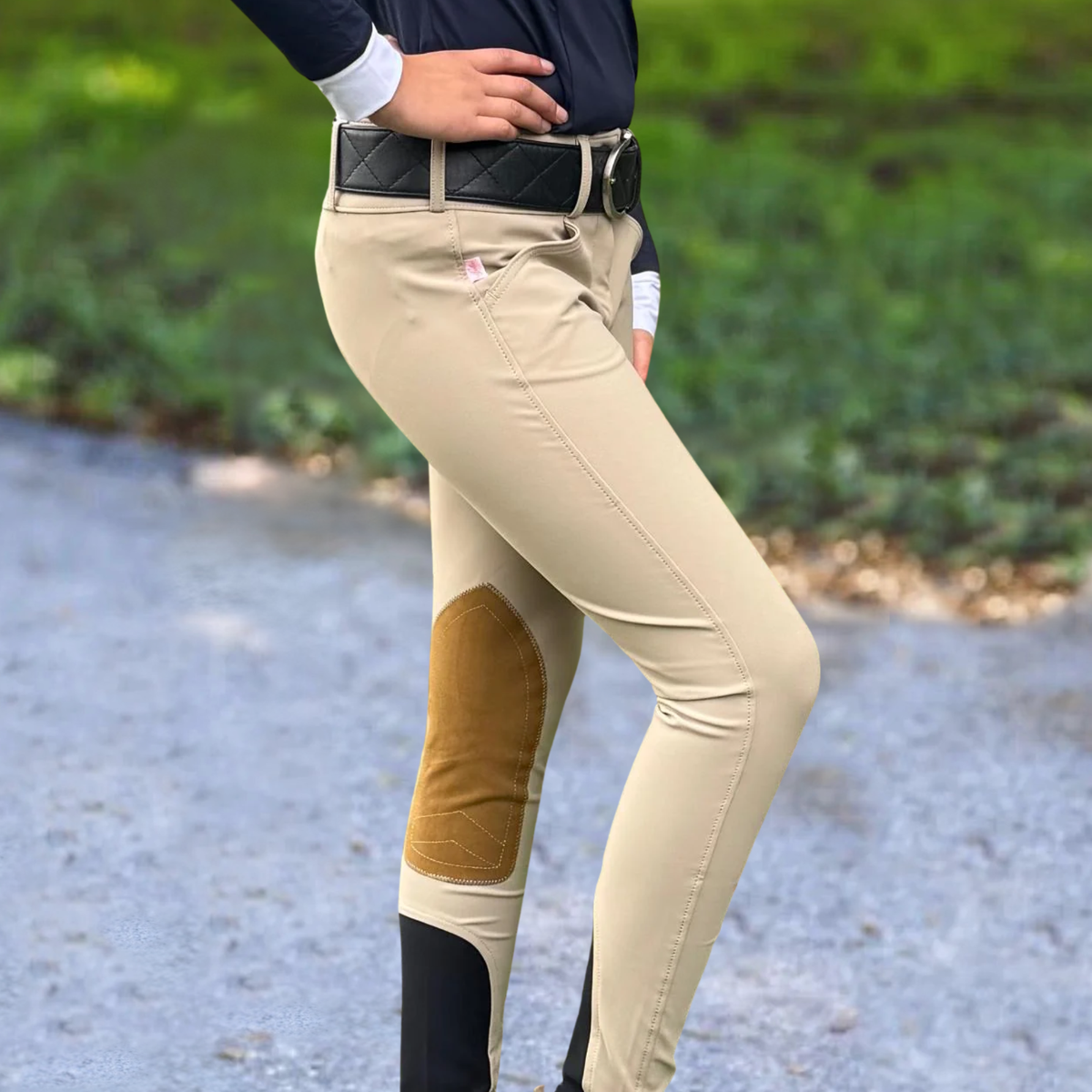 Tailored Sportsman Girls Tech Lite Boot Sock Breech, Front Zip with Clarino Patch, Tan