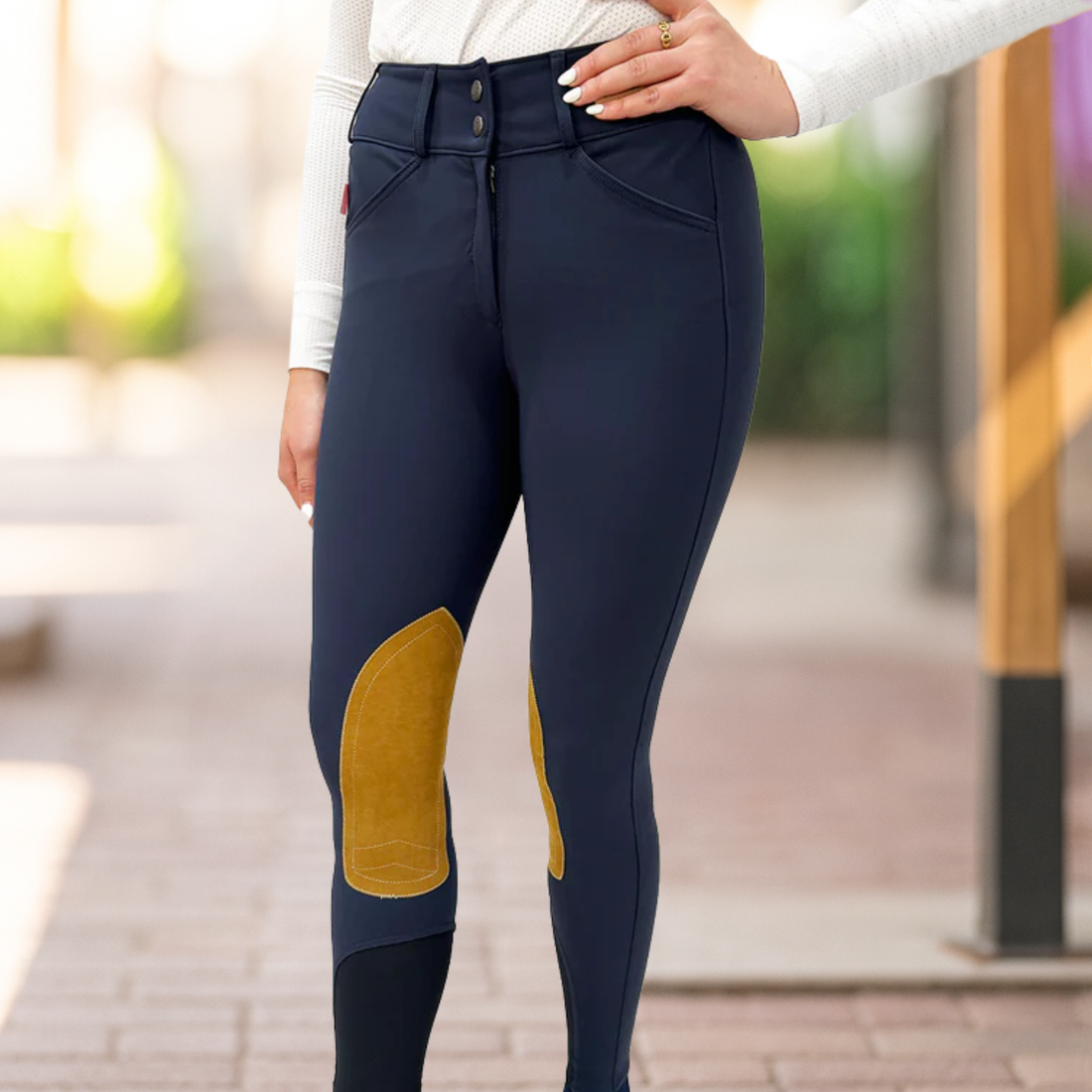 Tailored Sportsman Tech Light Clarino Knee Patch, Low Rise Front Zip Boot Sock, Blue Navy/Tan