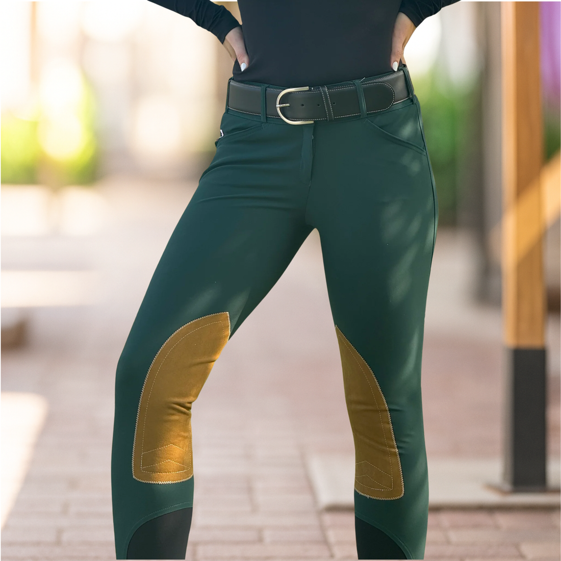 Tailored Sportsman Tech Light Clarino Knee Patch, Mid Rise Front Zip Boot Sock, British Racing Green/Tan