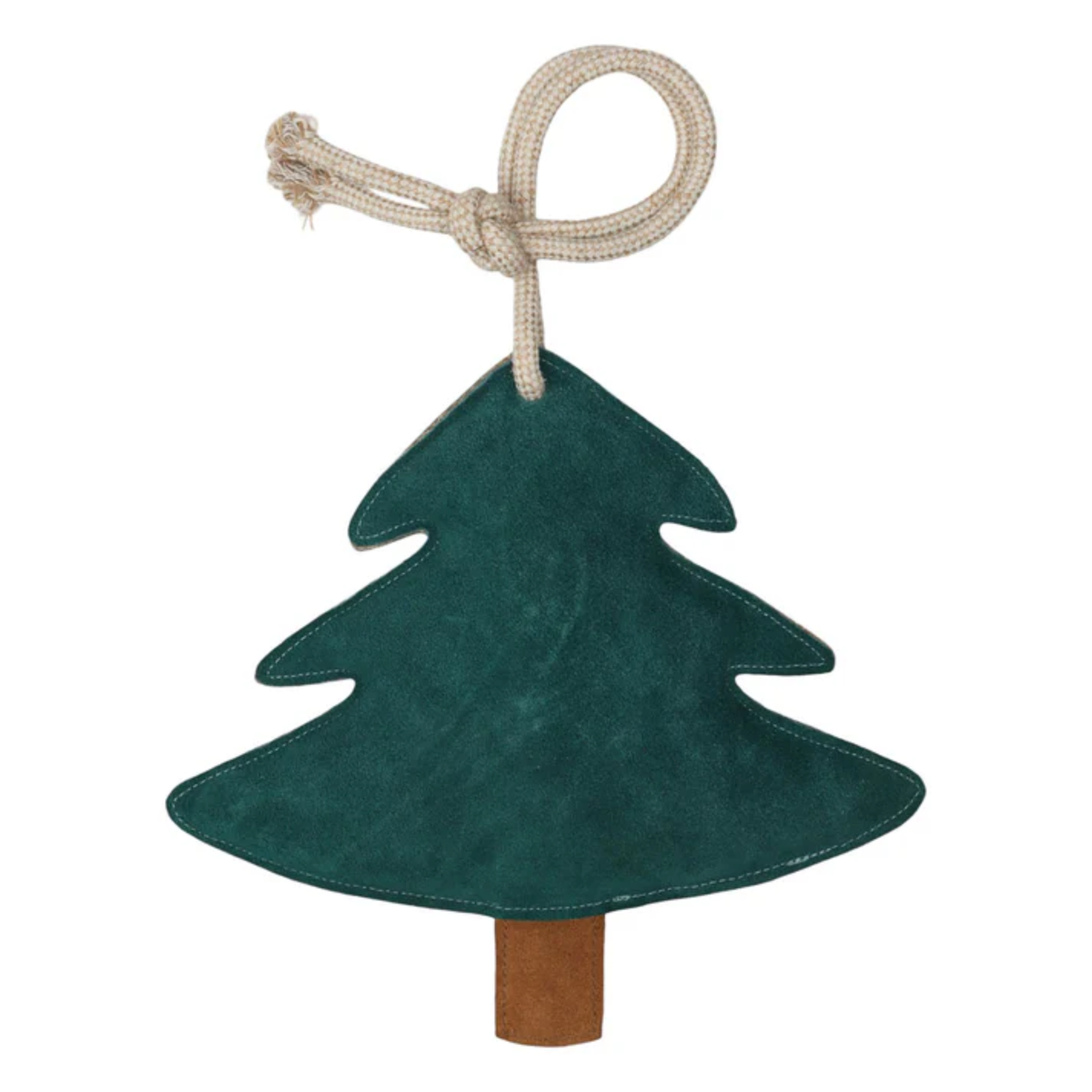 Green suede Christmas tree stall toy with a brown base on a white background