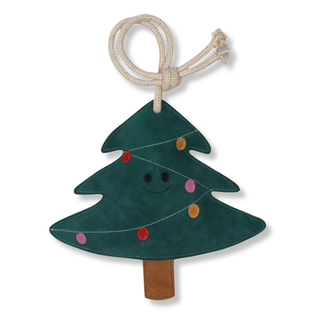 A dark green suede Christmas tree stall tree with a smiling face, colorful felt ornaments, a brown felt trunk, and a knotted cream rope hanger, shown on a white background.
