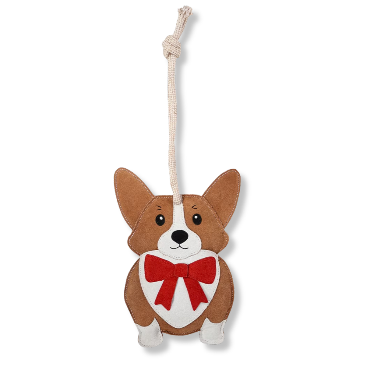A suede horse stall toy shaped like a corgi, with brown and white fur, a red bow, and a beige hanging rope on a plain white background.