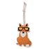 A sude outer fox stalll toy for horses hanging from a beige rope, featuring orange body, a white chest, black-rimmed glasses with yellow lenses, and a small white tail, shown on a plain white background.