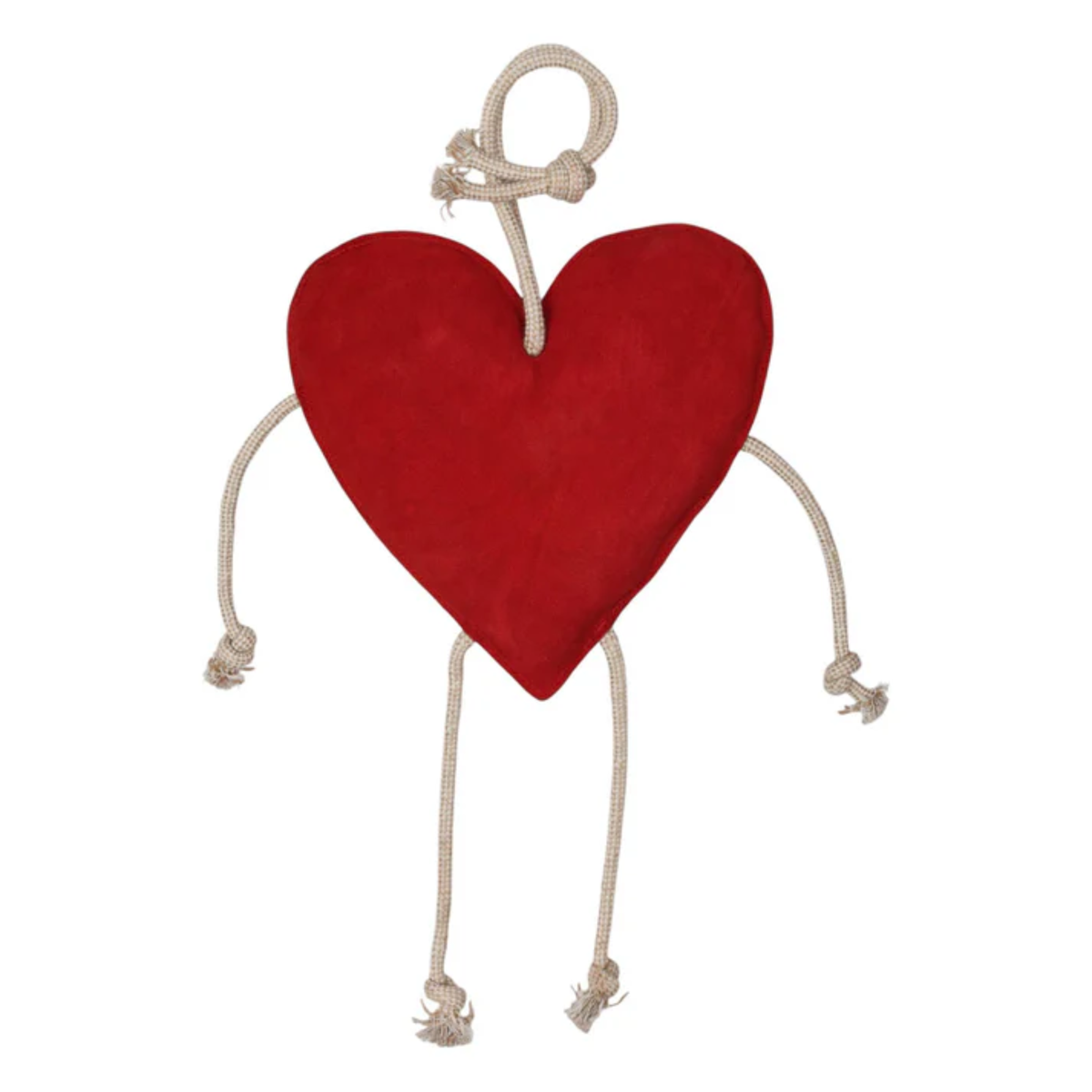 Red heart-shaped suede stall toy with string legs and arms on a white background