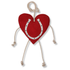 A red heart-shaped plush suede stall toy with a white horseshoe design in the center and beige rope legs, arms, and hanging loop, shown on a white background.