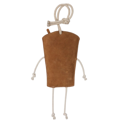 A brown suede iced coffed cup with off-white rope handles and legs, photographed against a plain white background.