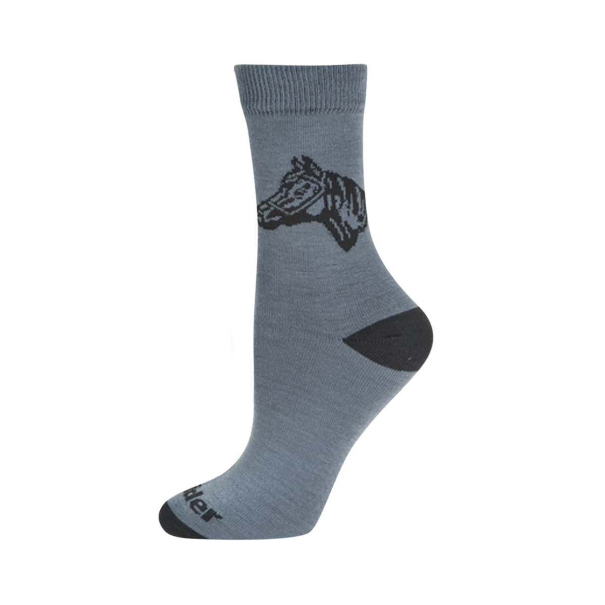 A single medium gray crew sock with a black horse head graphic on the upper leg and black reinforced toe and heel areas, shown on a plain white background.