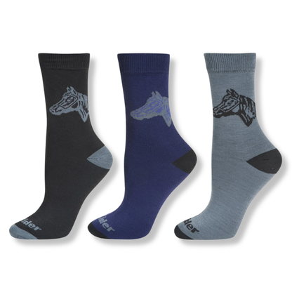 Three pairs of crew socks shown side by side on a white background: one black with a light gray horse head graphic and gray heel/toe, one navy blue with a light blue-gray horse head graphic and black heel/toe, and one light gray with a dark gray horse head graphic and black heel/toe. The word &