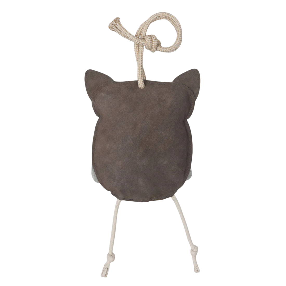 A dark grey owl-shaped suede hanging stall toy with a cream-colored rope and legs, shown from the back against a plain white background.