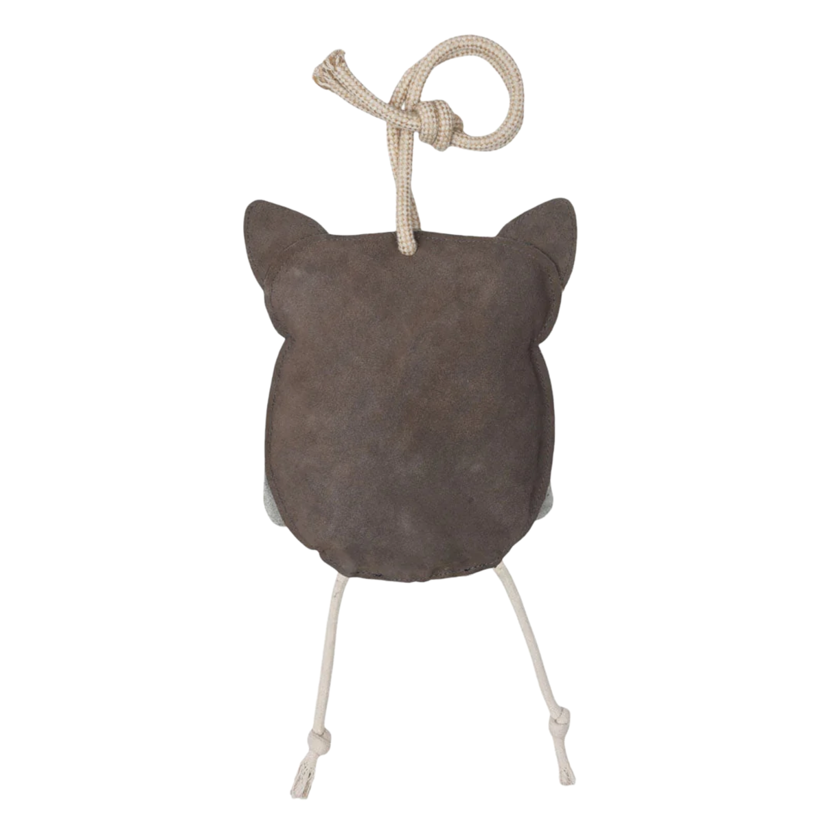 A dark grey owl-shaped suede hanging stall toy with a cream-colored rope and legs, shown from the back against a plain white background.