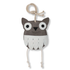 A plush owl stall toy with a dark grey head, large white eyes, a small black nose, and a white feather-like pattern on its body. It has a knotted beige rope handle on top and two hanging ties for legs at the bottom, shown against a plain white background.