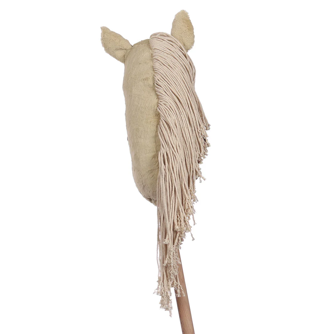 A plush toy horse head with a beige body, textured ears, and a long fringed mane attached to a wooden handle, shown against a plain white background.
