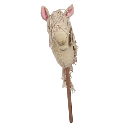A  plush horse head stick figure toy with a beige body, pink inner ears, and a long beige fringed mane, mounted on a brown wooden stick, shown against a plain white background.