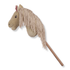 A plush horse head toy mounted on a wooden stick, featuring a beige body, a long beige fringe mane, and a light brown wooden handle, shown against a plain white background.