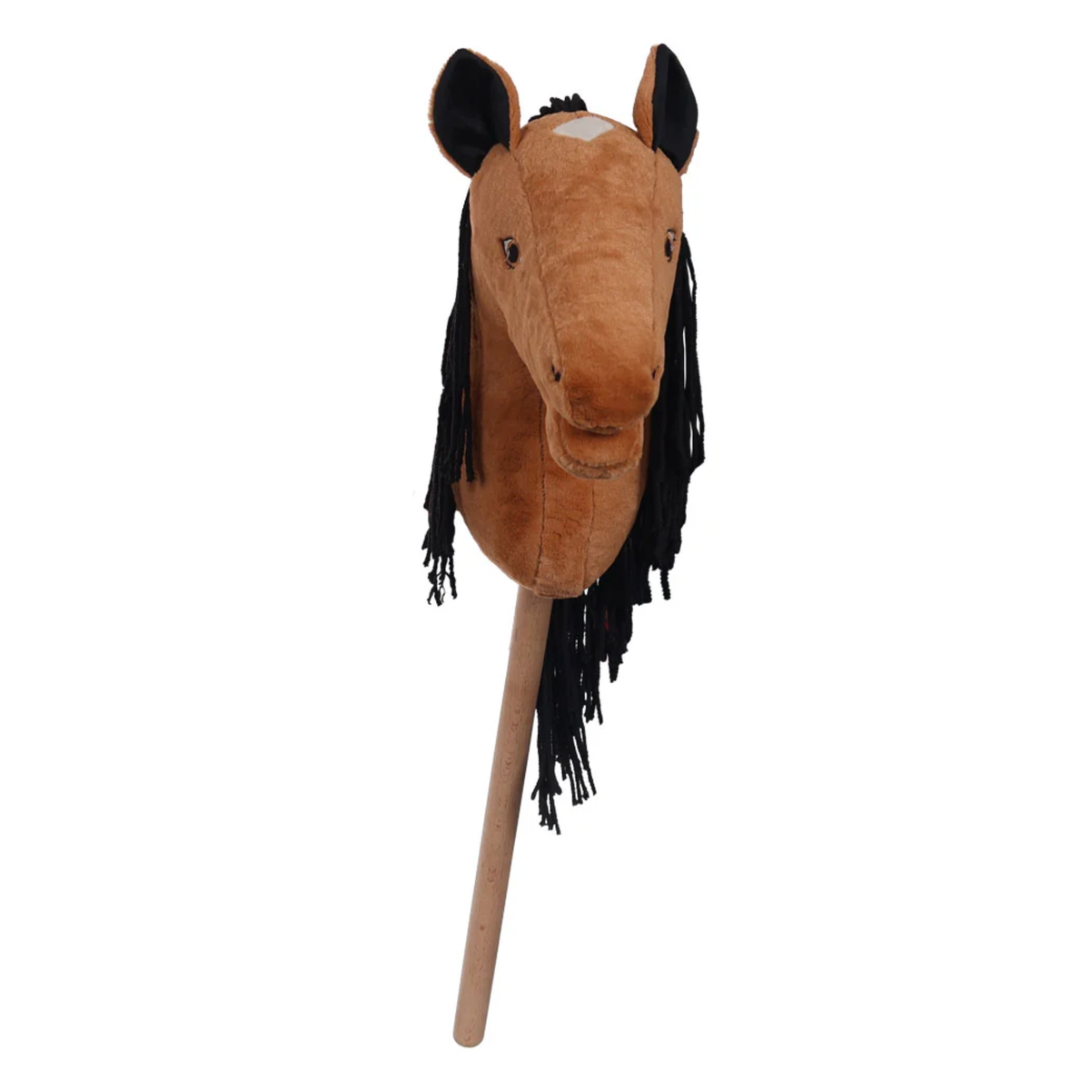 A brown plush horse head stick toy with black fringe mane, black ears, white star and a light wood handle, shown against a plain white background.