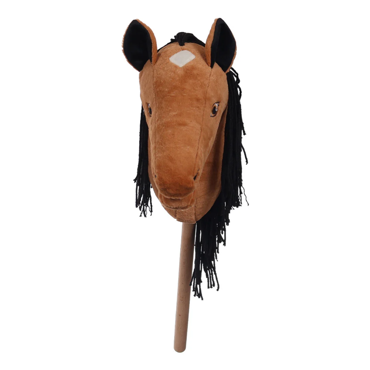 A plush horse head stick toy with a brown face, white star, black mane, and black ears, mounted on a wooden stick against a plain white background.