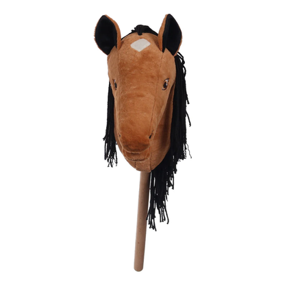 A plush horse head stick toy with a brown face, white star, black mane, and black ears, mounted on a wooden stick against a plain white background.