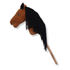 A wooden horse head stick toy with a brown plush head, black fringe mane, and a natural wood handle, shown on a plain white background.