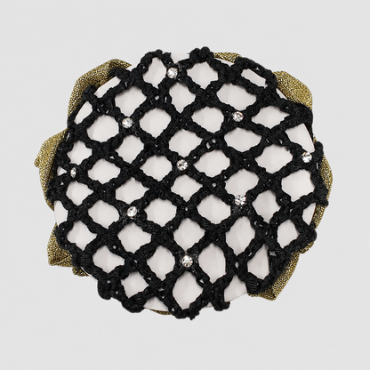 A  black crocheted hair net with attached gold glitter scrunchie adorned with small clear rhinestones, shown on a light gray background.